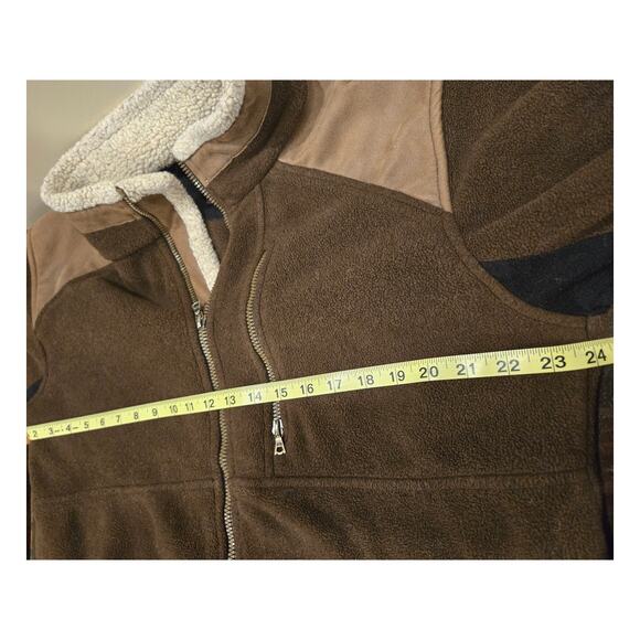 KUHL ALPENWURX Fleece Jacket Brown Full Zip Faux Leather Sherpa Collar Medium - Picture 9 of 10